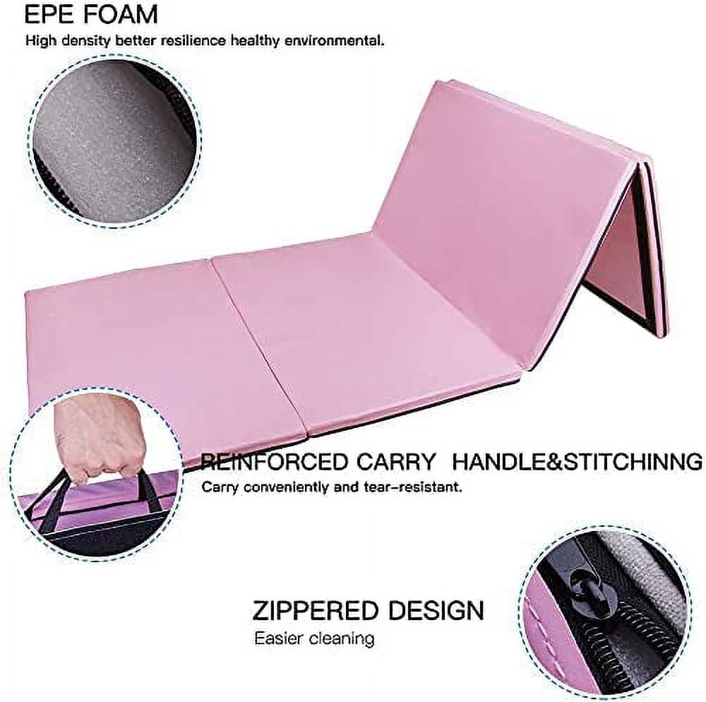 Polar Aurora 4'x10'x2'' Thick Folding Gymnastics Exercise Mat Aerobics Stretching Yoga Mats For Tumbling With Carrying HandlesFor Home Use/Gym/Yoga/Training (Pink)