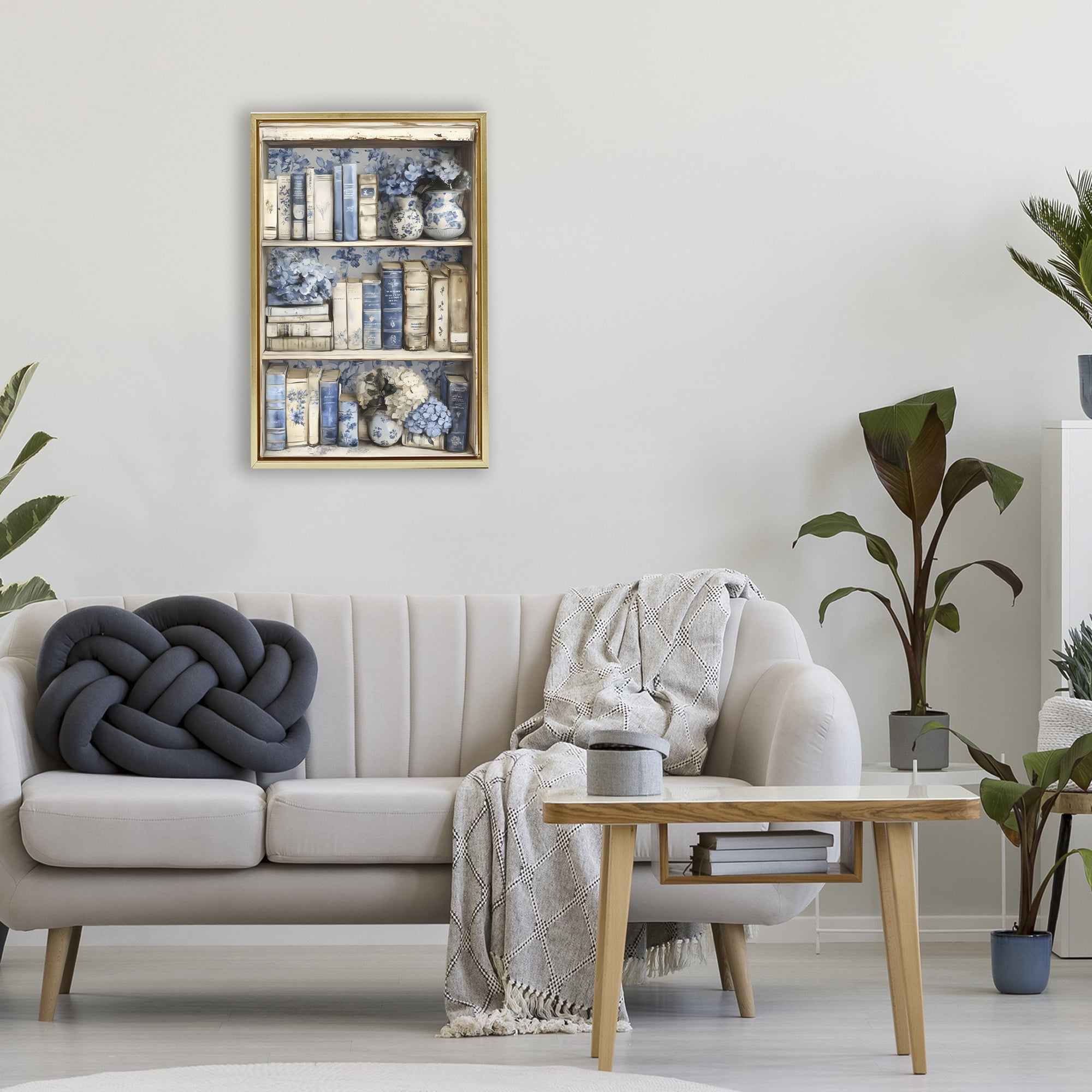 Stupell Industries Blue & Beige Bookcase Gold Framed Floater Canvas Wall Art, design by LSR Design Studio