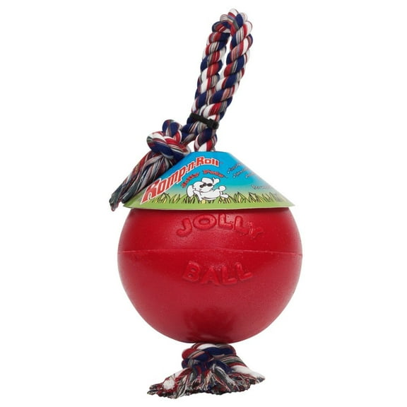 Jolly Pets Romp-n-Roll 6 inch Red Rubber Ball with Rope for Dogs