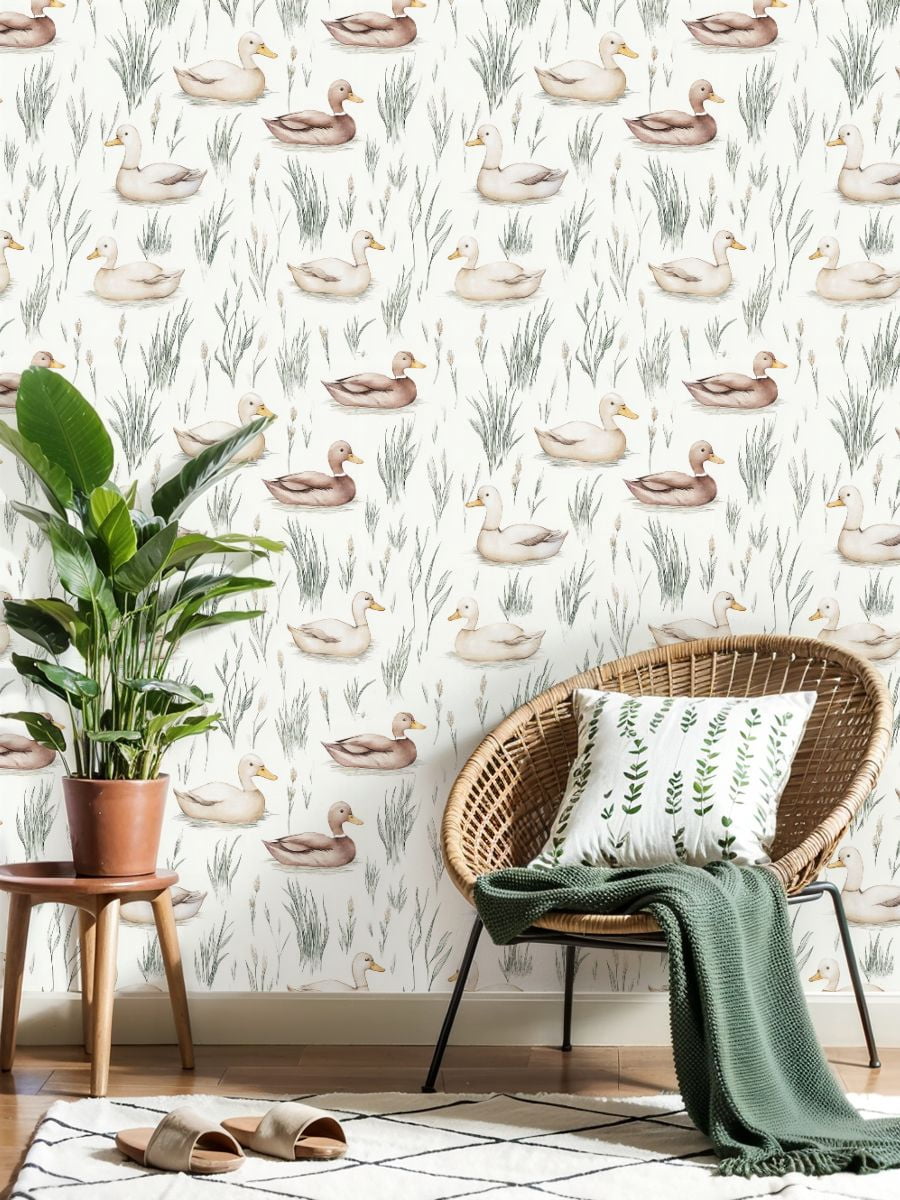 Peel and Stick Wallpaper Watercolor Ducks Seamless Reeds Soft Neutral Wall Mural 17.7in x 9.8ft Self Adhesive Removable Wall Paper Renter Friendly Wallpaper for Nursery Bedroom Cabinets