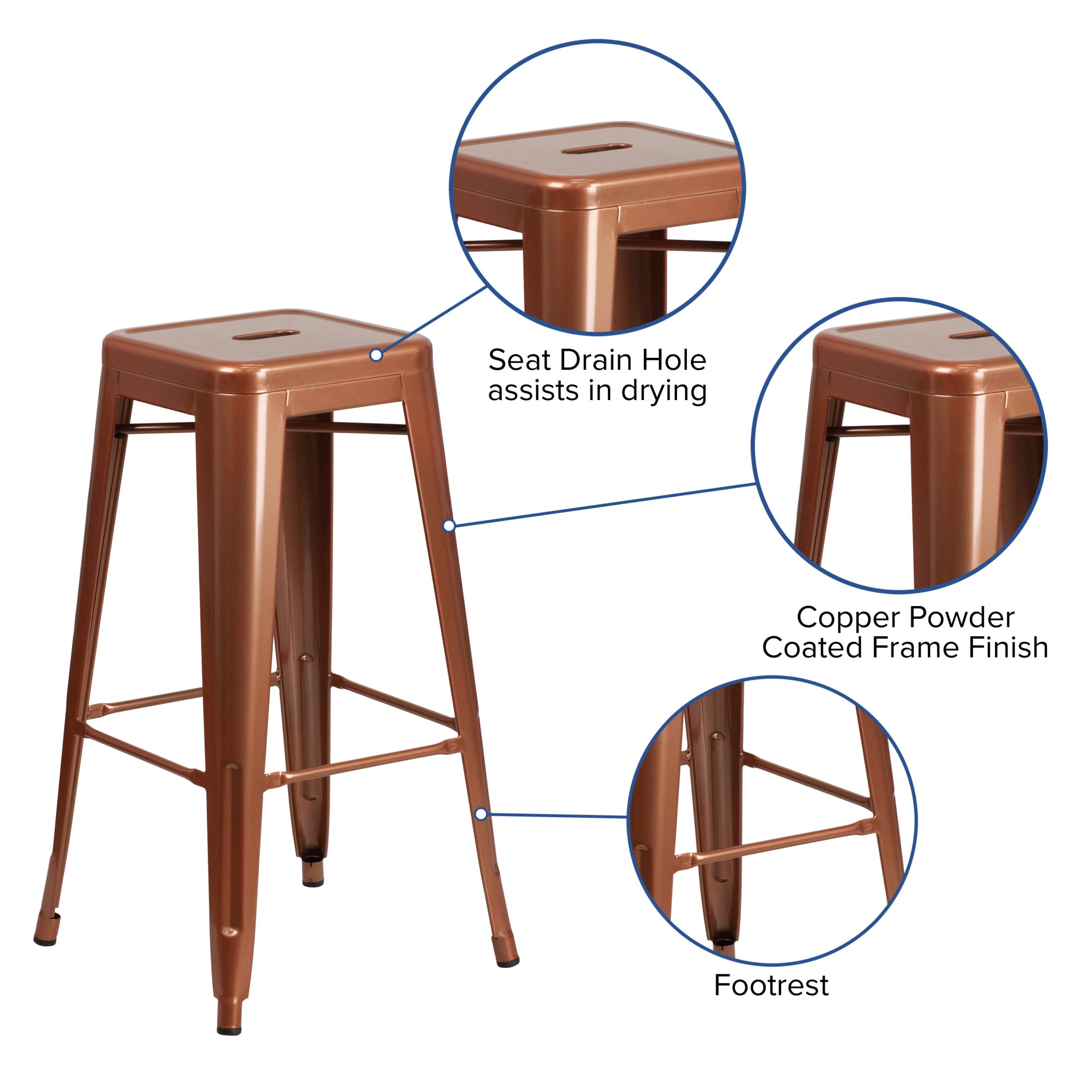 Merrick Lane Copper 30" High Backless Metal Bar Height Stool with Square Seat for Indoor-Outdoor Use