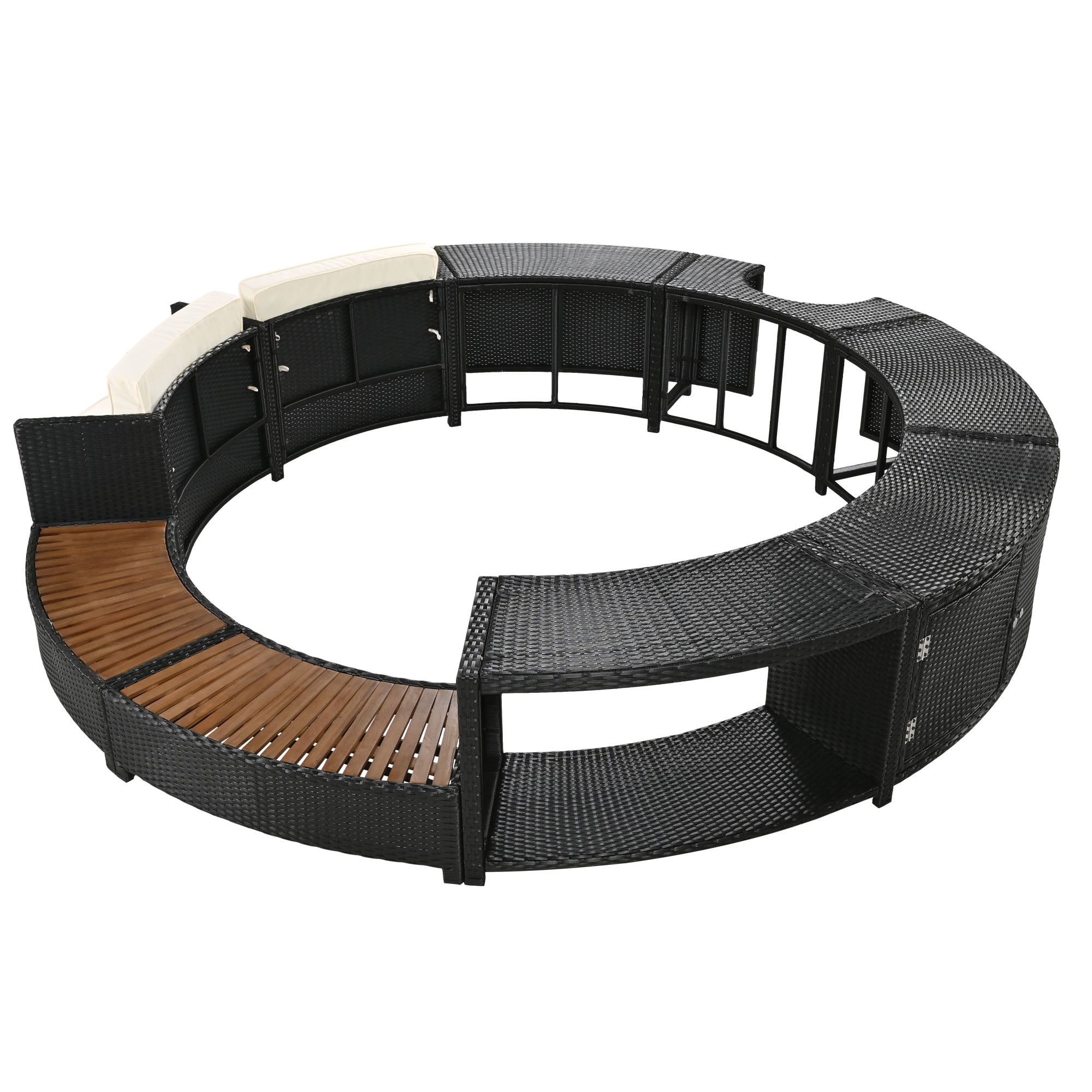 Outdoor Rattan Furniture Set Hot Tub Parts, Surround Outdoor Spa Sectional Sofa Frame, Loveseat with Beige Cushions, Wooden Bench, Storage Cabinet, Large Top Space, 112.2’’Dia