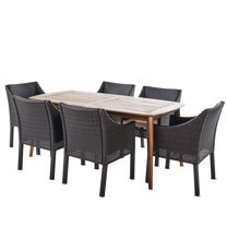 GDF Studio Kerk Outdoor Acacia Wood and Wicker 7 Piece Dining Set with Cushion, Teak, Multibrown, and Beige