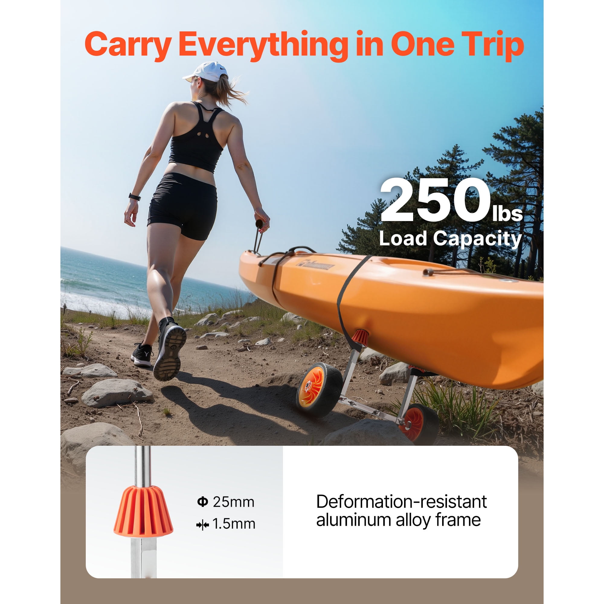 KFFKFF Kayak Cart with 250 lbs Load Capacity, Canoe Dolly Featuring 7.5-inch Solid Rubber Tires and Kickstand, Quick Assembly and Disassembly, Ideal for Kayaks, Canoes, and Paddleboards