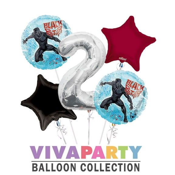 Black Panther Round Balloon Bouquet 5 pc, 2nd Birthday, Silver Number 2 Jumbo Balloon | Viva Party Balloon Collection