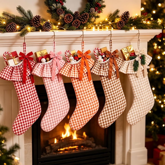 Christmas Stocking, Plaid Ruffle Mantel Stocking, Checked Stocking with Layered Ruffle Cuff Bow Accent and Hanging Loop for Fireplace, Soft Fabric with DetaiLED Seasonal Styling