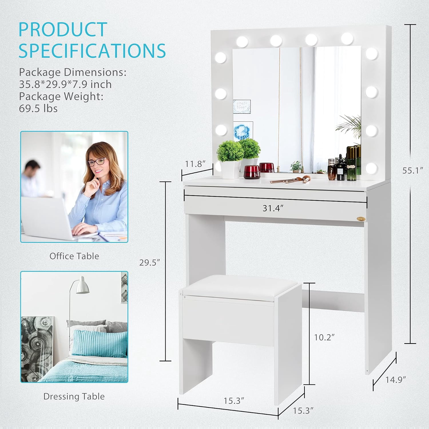 SPECSTAR Makeup Vanity Set with 12 Light Bulbs, Makeup Dressing Table with Lighted Mirror and Large Drawer, White