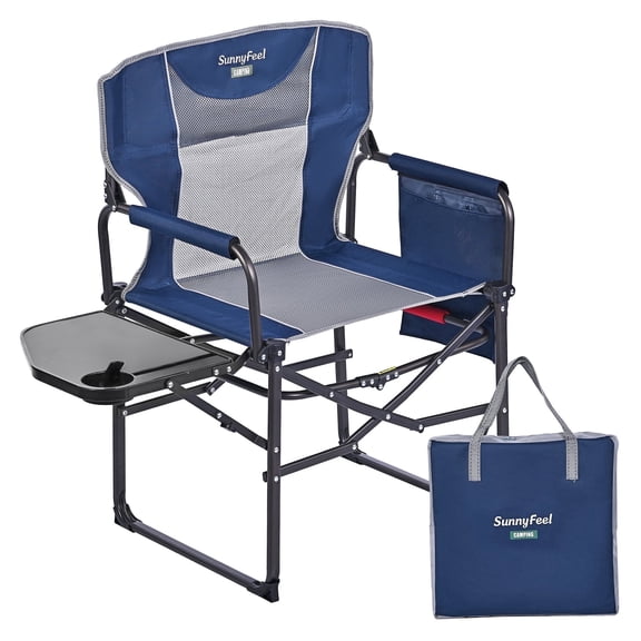 Sunnyfeel Camping Director Chair with Side Table, 300LBS Heavy Duty Foldable Lawn Beach Fishing Chair with Storage Bag, Blue
