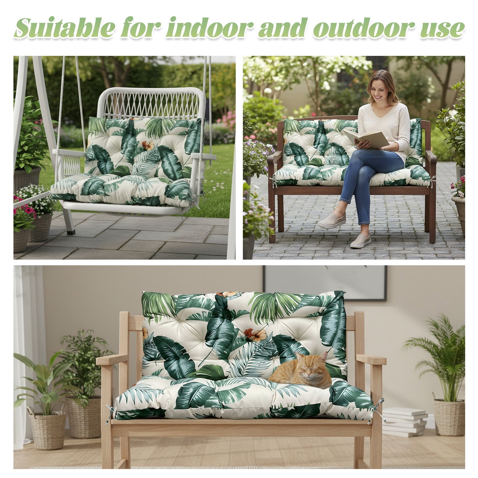 Eurhowing Outdoor Bench Cushion Waterproof, 48"x40"x4" Thick Patio Swing Chair Cushions with Ties, All-Weather High Density Foam Seat Pad for Porch Garden Furniture, Hawaiian