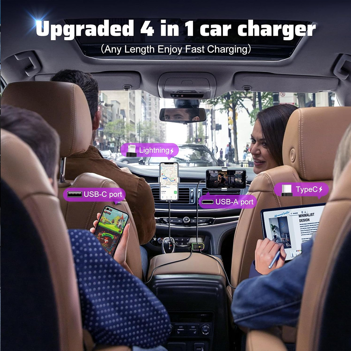 4 in 1 Retractable Car Charger with Projection Star Light, Car Accessories, 2 Fast Charging cables&Dual Charge Port Compatible with iPhone/iPad/AirPods, Samsung Series, Electronic Retract