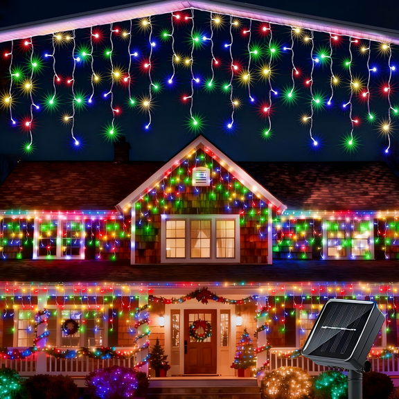 PMMIPNW Solar Christmas Icicle String Lights 162LED 27ft, Christmas Fairy Lights for Bedroom, Patio, Yard, Garden, Wedding, Eave Decor (Multicolor)