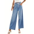 thumbnail image 3 of Women's high-waisted comfortable wide-leg drawstring straight-leg light blue denim trousers, 3 of 5