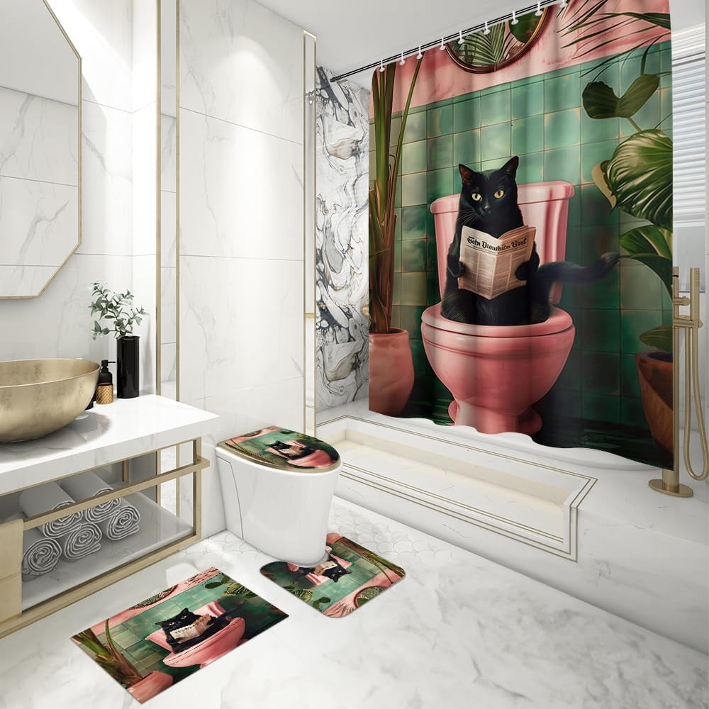 4PCS Vintage Bigfoot Sasquatch Shower Curtain Sets,Funny Animal Bathroom Sets with Non-Slip Rugs,Toilet Lid Cover,Bath Mat,Shower Curtain with 12 Hooks Farmhouse Bathroom Sets Decor