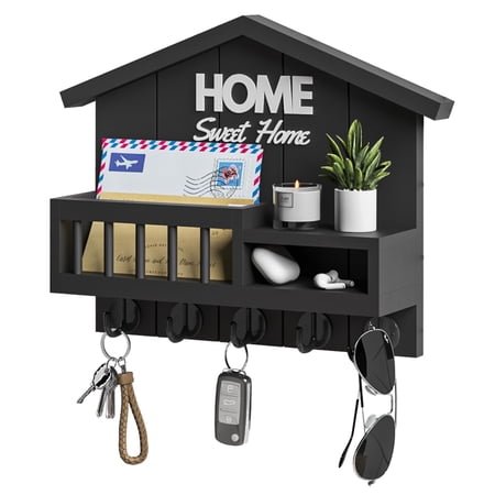 Wall Mount Key and Mail Holder with Shelf, Black Wood Key Rack, Entryway Mail Organizer with 5 Hooks, Front Door Wall Mounted Key Holder for Home