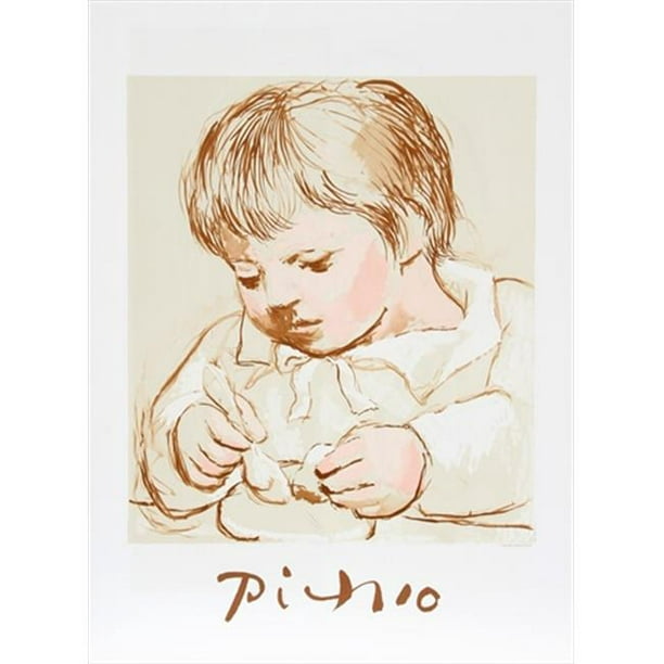 Pablo Picasso 14572 Enfant Deieunant- Lithographie sur Papier 29 Po x 22 Po - Brun- Beige- Rose
