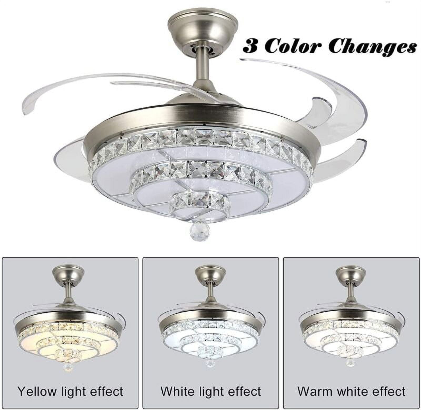 EAYSG 42'' Crystal Ceiling Fans with Lights,LED 3 Color Remote Control Retractable Invisible Blades 3 Speeds Indoor Ceiling Light with Fans
