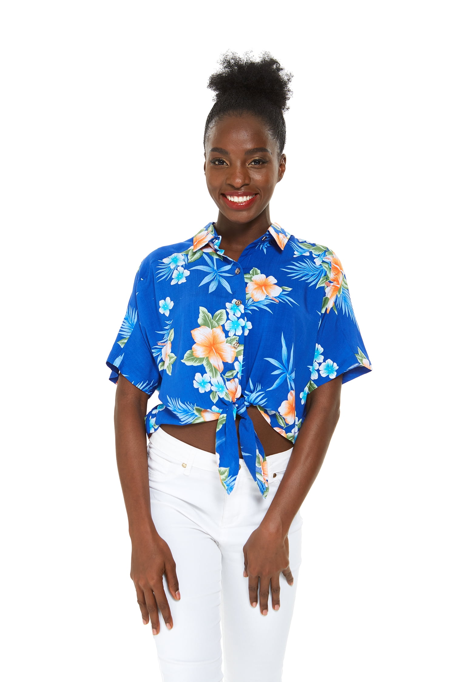 Women's Hawaiian Tie Front Crop Top Aloha Shirt in Hibiscus Blue L