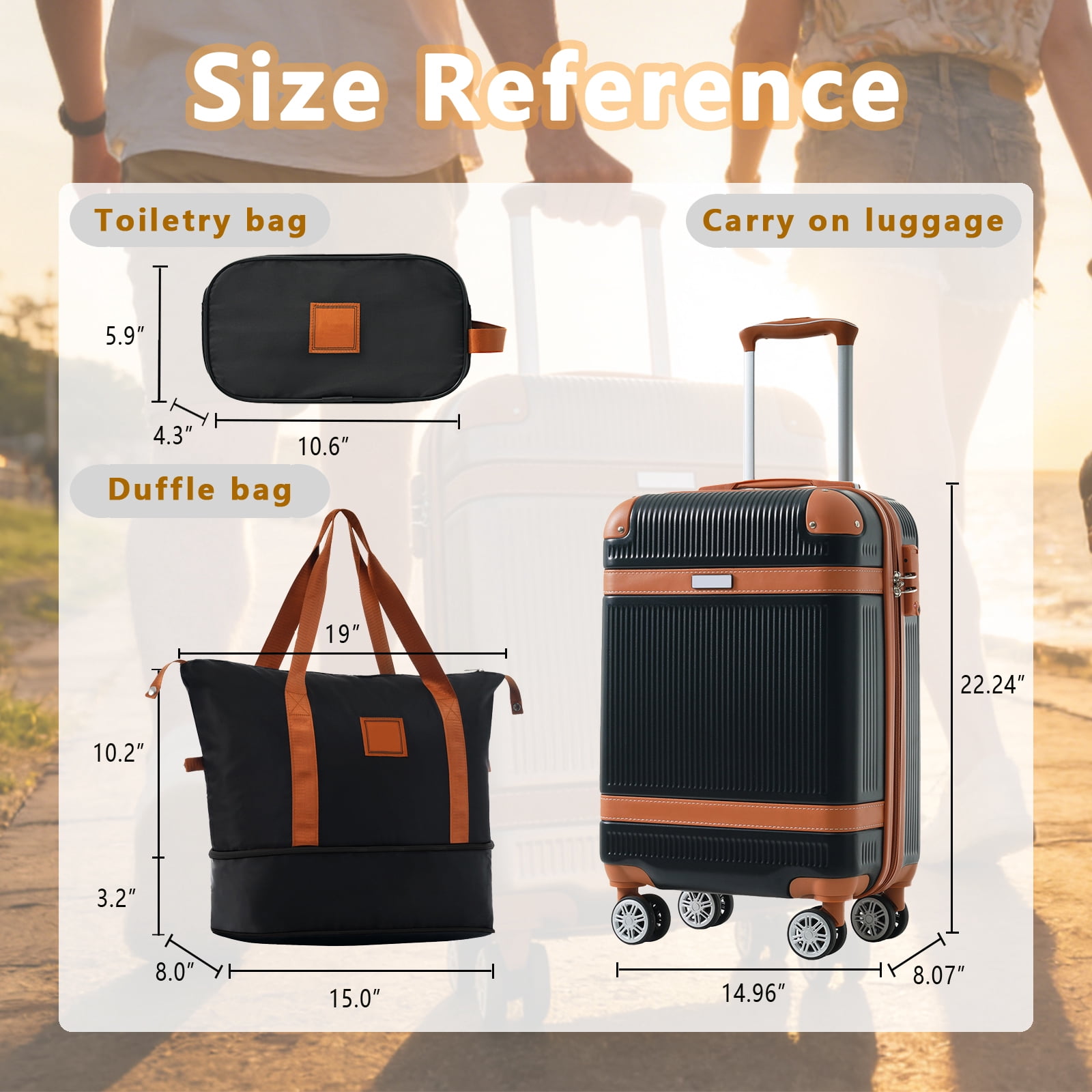 3-Piece Hardshell Luggage Set, 20 Inch ABS Carry-On Suitcase with 360° Silent Spinner Wheels & TSA Lock, Expandable Duffel & Toiletry Bag for Travel Business