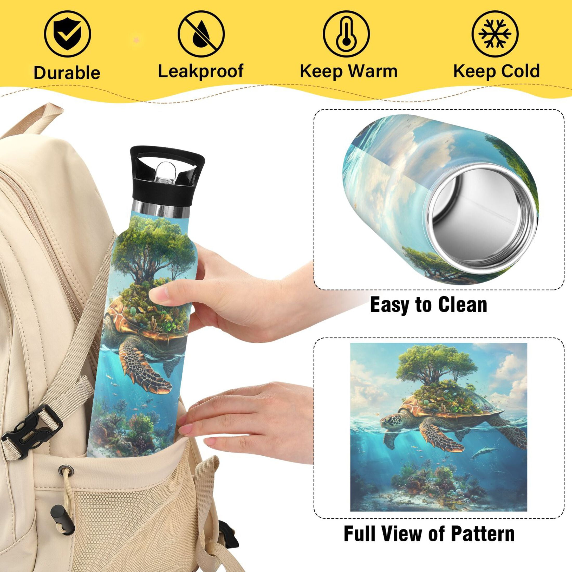 Kids Insulated Stainless Steel Sports Water Bottle 600ml (20oz) Sea Turtle Carrying Island