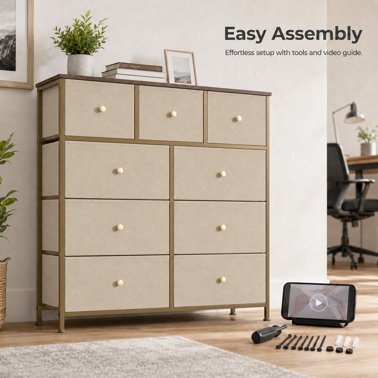 Alvantor 8/9 Drawer Fabric Dresser, Storage Tower for Bedroom and Closet, Chest of Drawers with Sturdy Steel Frame & Wooden Top for Living Room, Entryway