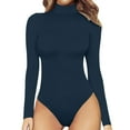 thumbnail image 2 of Women's Turtle Neck Long Sleeve Bodysuit Shapewear Lined Plush Bodysuit Jumpsuit Basic Tops Thong Body Suits Navy-D M, 2 of 6