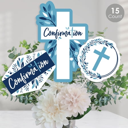 Big Dot of Happiness Confirmation Blue Elegant Cross - Boy Religious Party Centerpiece Sticks - Table Toppers - Set of 15