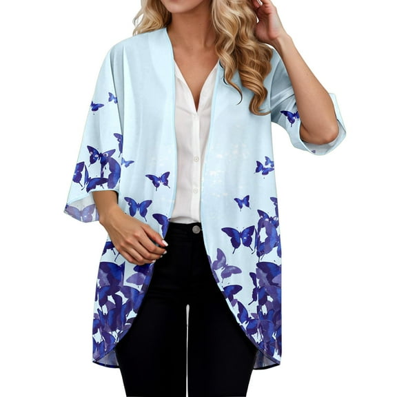 Hpapadks Kimono Cardigans for Women Stylish Butterflies Print Vacations Layering 3/4 Sleeve Open Front Coverups Womens Beach Cover Up