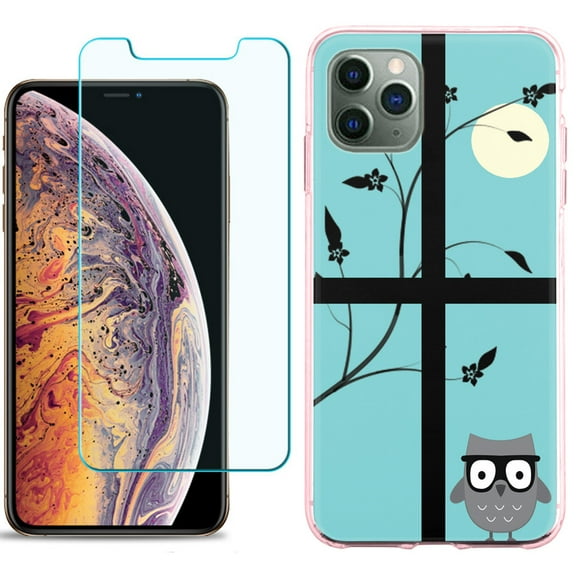 For Apple iPhone 11 PRO Case, Slim-Fit TPU Protective Phone Case (Pink Bezel) with Tempered Glass Screen Protector, by OneToughShield ® - Moon Owl