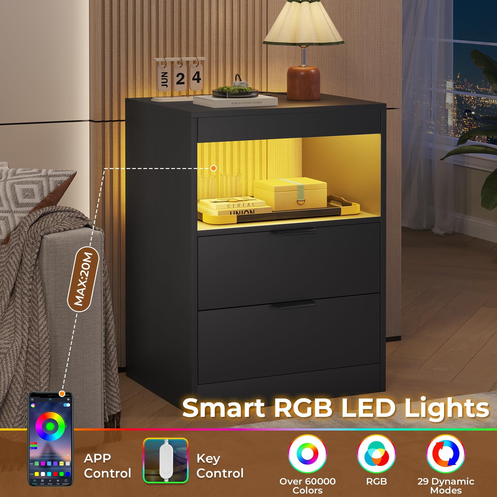 Black Nightstand Set of 2, Nightstand with LED Light and Wireless Charging Station, Night Stand with Drawers & Pull-Out Shelf, Modern Bedside Table with Storage, End Table Side Table