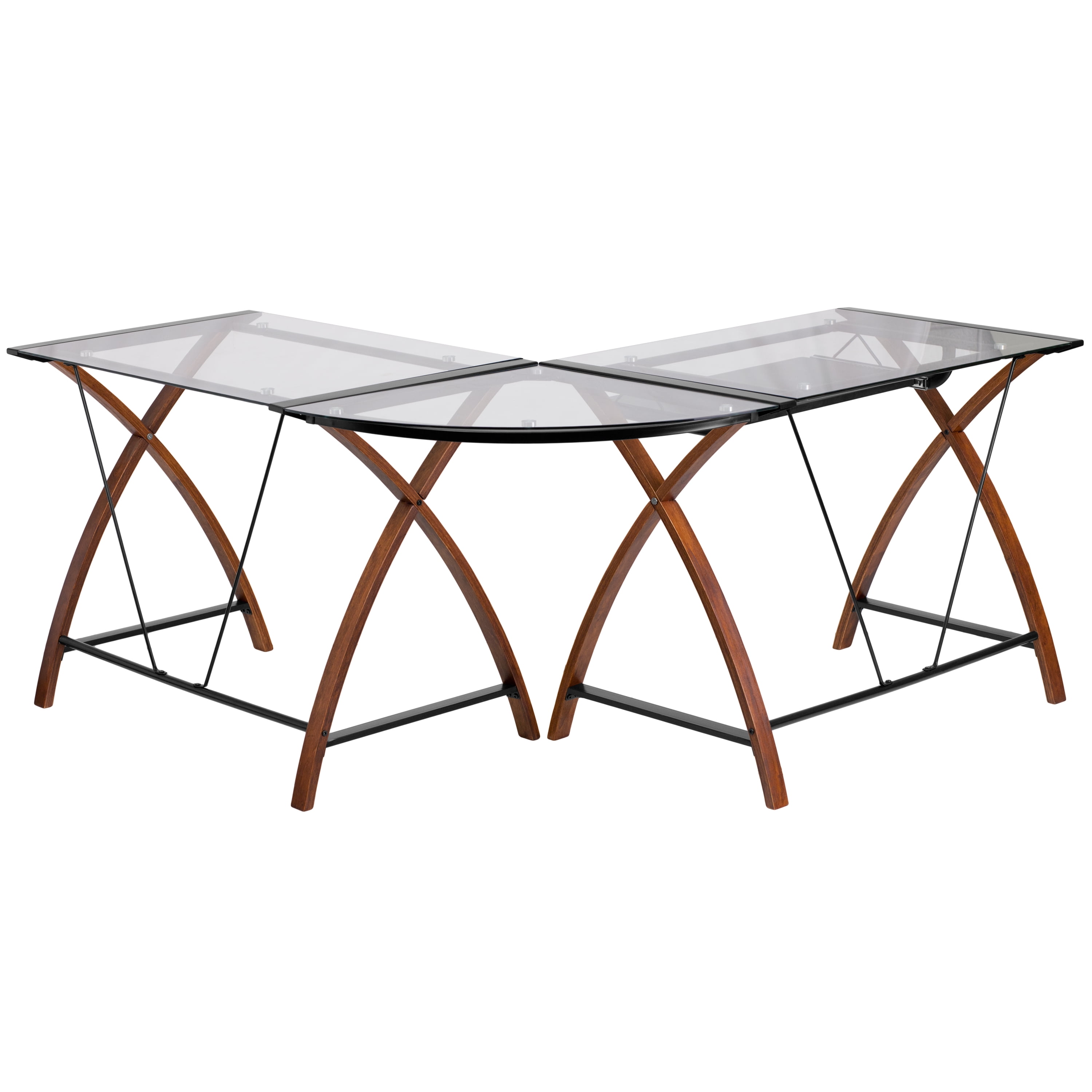 EMMA + OLIVER L-Shape Glass Desk with Pull-Out Keyboard Tray, Clear Cherry