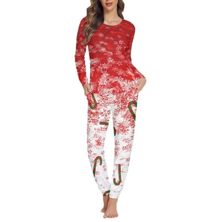 

FKELYI Christmas Candy Cane Women Pjs 2pcs Red Snowflake Polyester Sleepwear Pajamas Size 3XL Comfortable Xmas Long Sleeve Loungewear