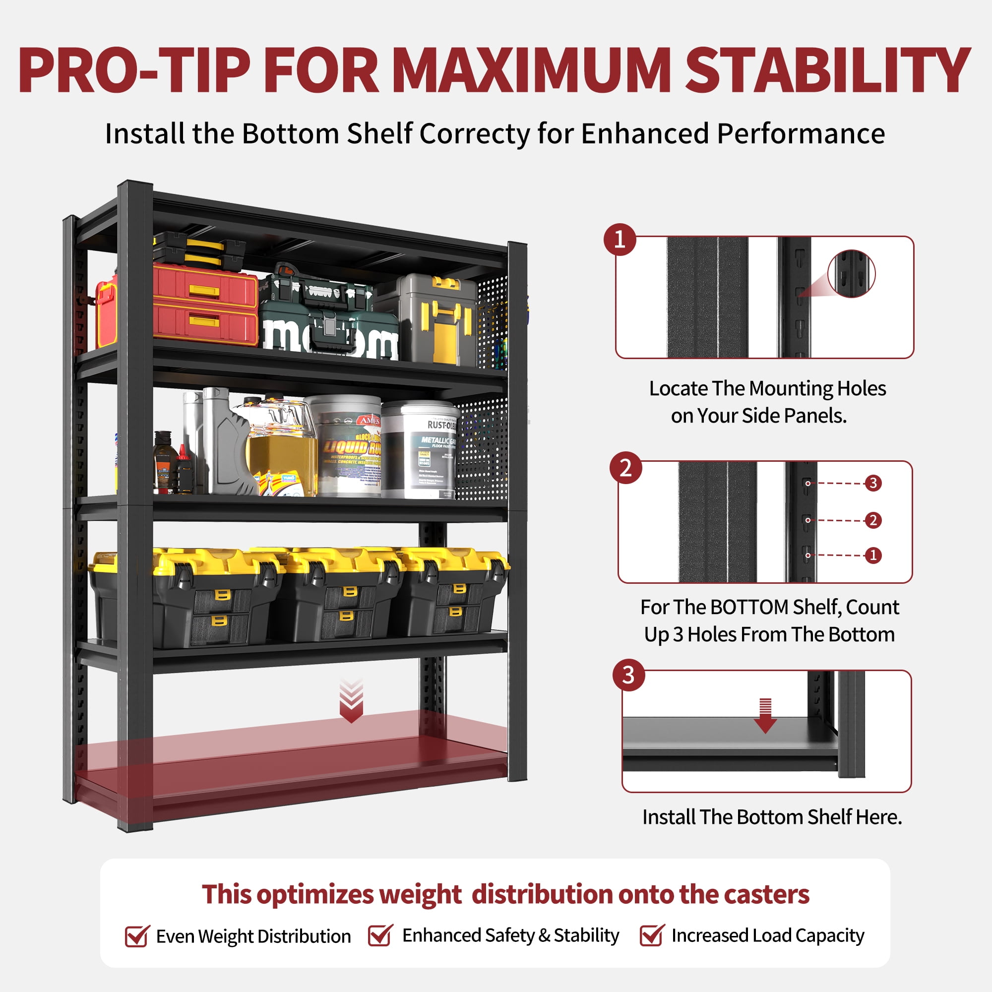 Alvantor 5 Tier Storage Shelves with Pegboard, Heavy Duty Adjustable Shelving Industrial Shelf for Garages, Offices 24"D x 47.5"W x 72"H Black