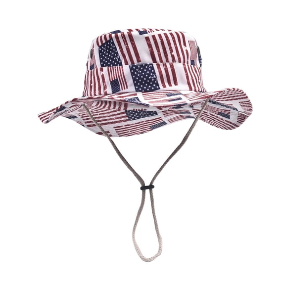 FINALGANG Mens Womens Usa Star Stripe Print Bucket Hat Adjustable Chin Strap Sun Protection Hat For Independence Day Daily Wear White