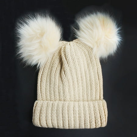 Crimson Pom Pom - Chunky Knit Beanie Hat with Double Faux Fur Pom Pom Ears
