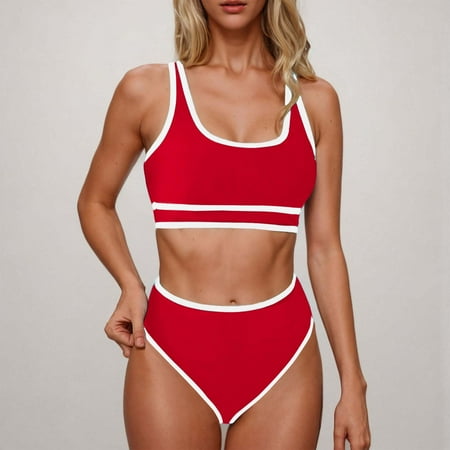 OWMEOT Women s High Waisted Bikini Sets White Rim Sporty Two Piece Swimsuits Color Block Cheeky High Cut Bathing Suits for Beach Volleyball