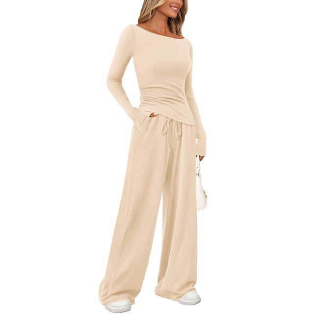 Conjunto Coordinado PRETTYGARDEN Manga Larga Asimétrico Pantalón Palazzo Beige Talla M