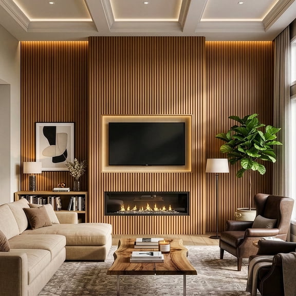 Modern Wood Slat Wall Panels Set of 4 Decorative Interior & Ceiling Paneling, 14.5 sq. Ft., 106"x5"-Teak
