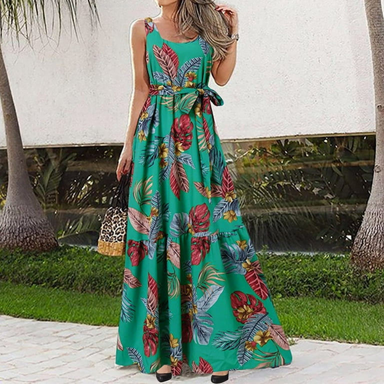Hawaiian Dresses for Women Tropical Long Dress Sleeveless Round