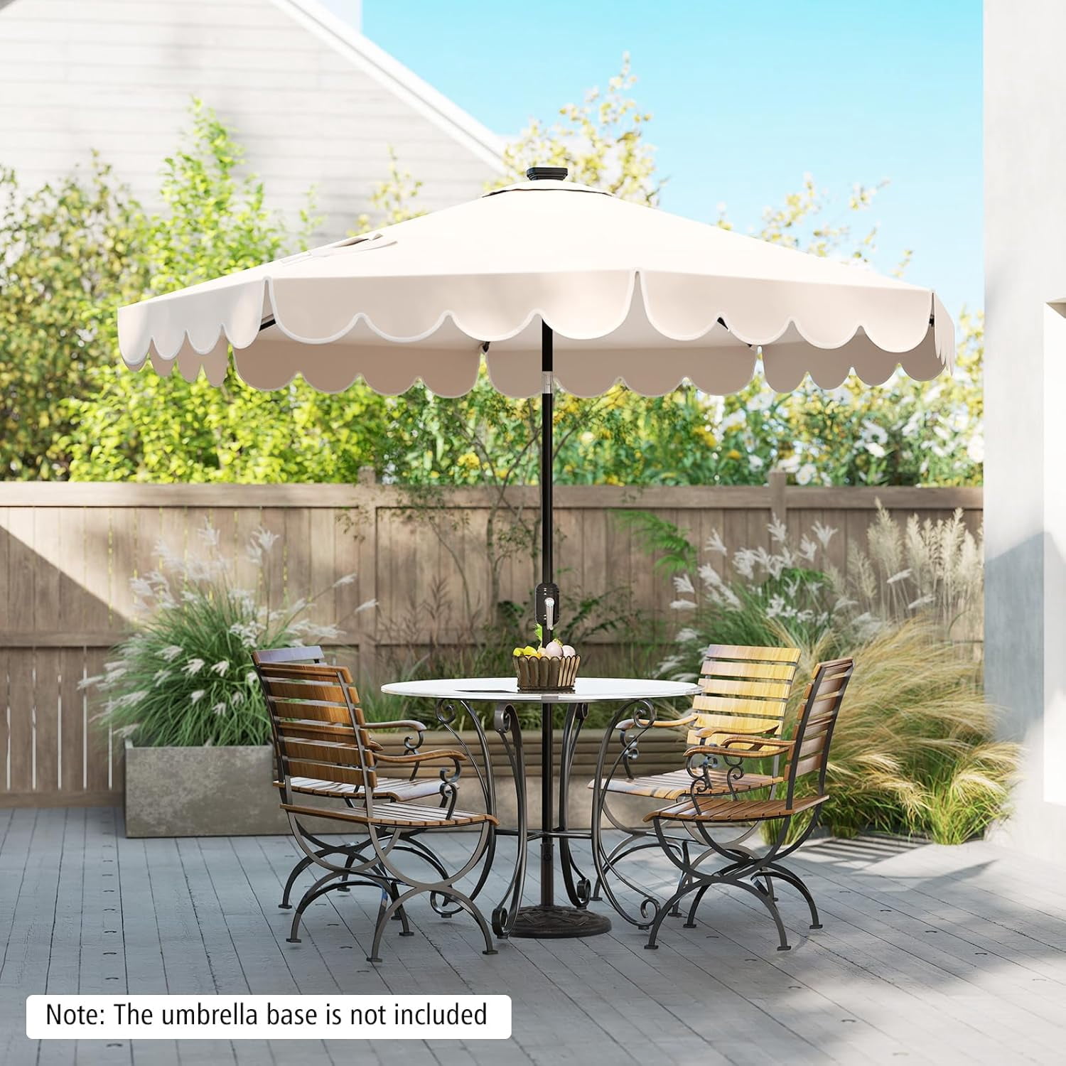 ZYPPP  9 FT Solar Patio Umbrella, 2-Tiers Scalloped Outdoor Table Market Umbrella with 32 LED Lights, Vented Top, Tilt Adjustment, Crank, 8 Ribs for Backyard Poolside Deck Beach Lawn (Beige)
