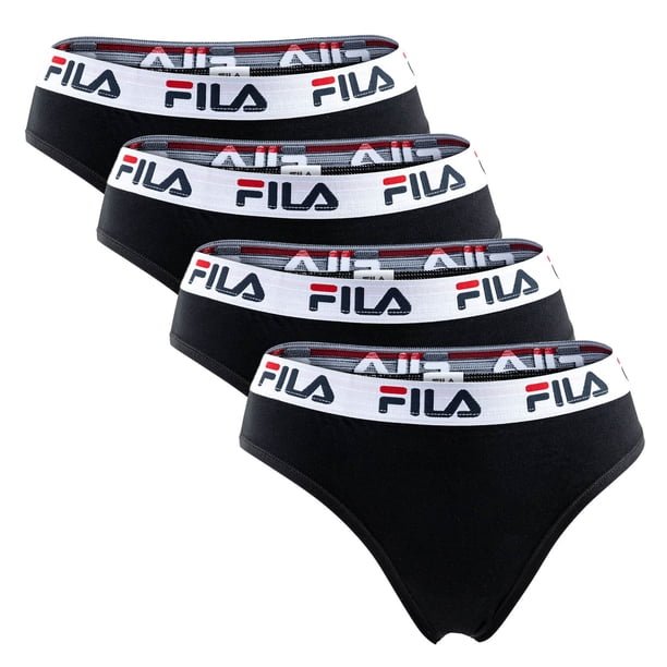 FILA Calzoncillos brasileños para mujer - Paquete de 4, cintura con logotipo, algodón elástico, color sólido Negro S (Small)