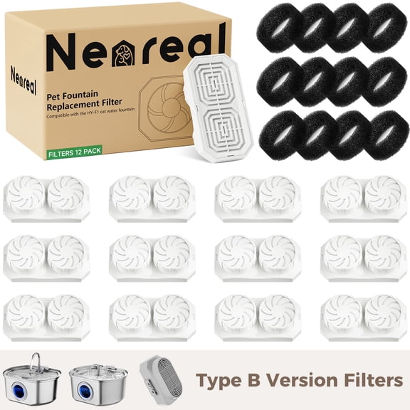 Neareal Stainless Steel Cat Water Fountain Replacement Filters & Pre-Filter Sponges, Version B 12-Pack Filters & 24 Weeks Supply