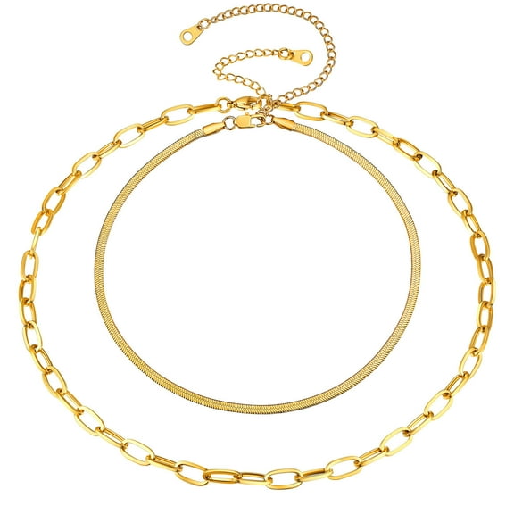 FOCALOOK Layered Herringbone Paperclip Choker Necklace Set for Women 18k Gold Plated Stainless Steel Paperclip Flat Snake Chain Necklaces Birthday Christmas Jewelry Gifts