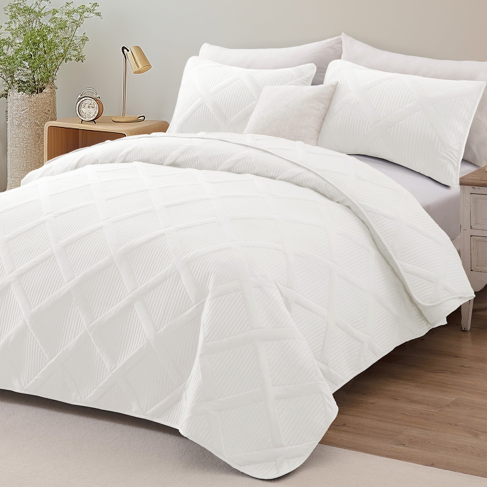 Exclusivo Mezcla Ultrasonic Twin Quilt Set, 2-Piece Lightweight Bedspreads Modern Striped Coverlet, White