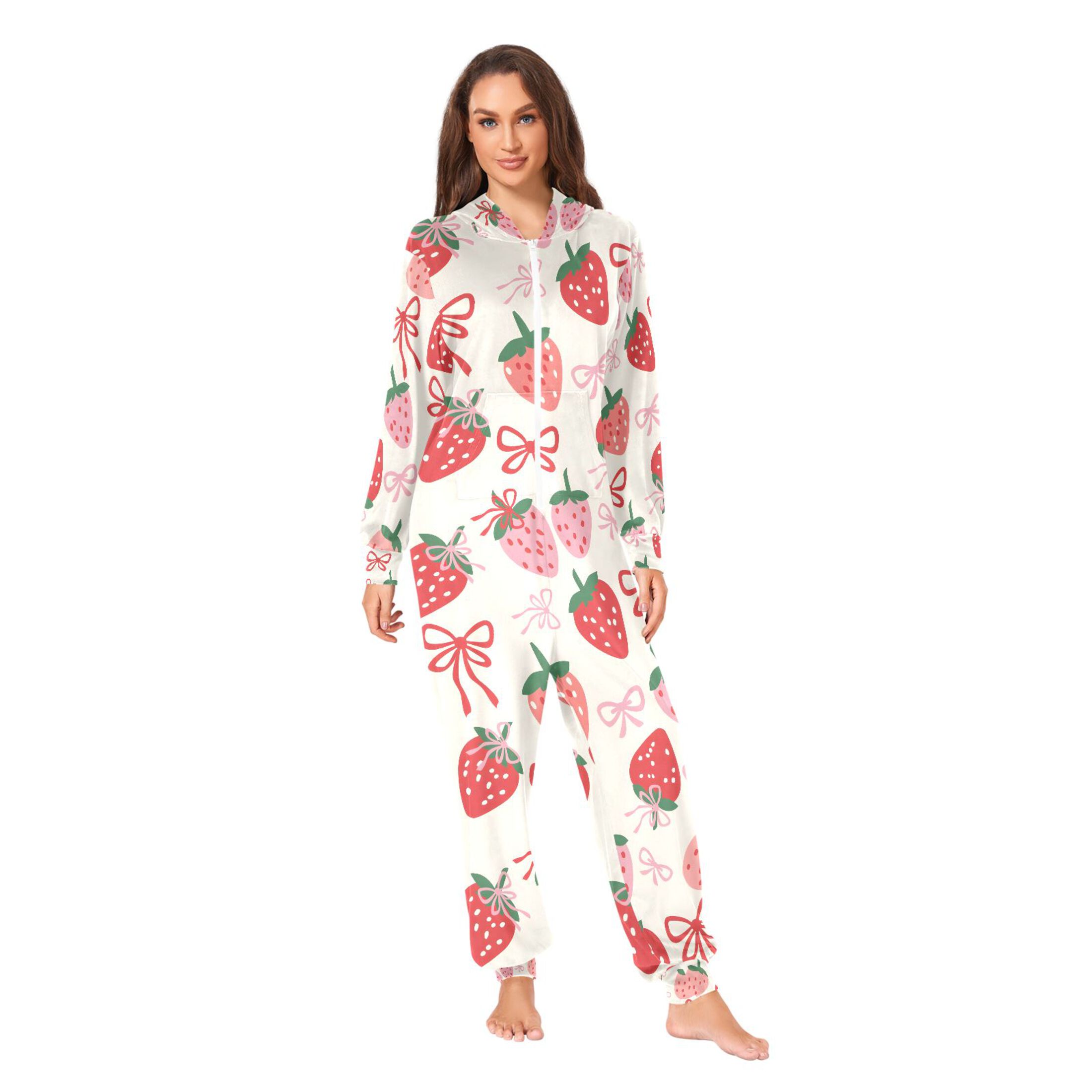 Adult Christmas Onesie Strawberry Simple Lines Bow Adult Zipper One-Piece Pajamas Unisex Pajamas with Pockets
