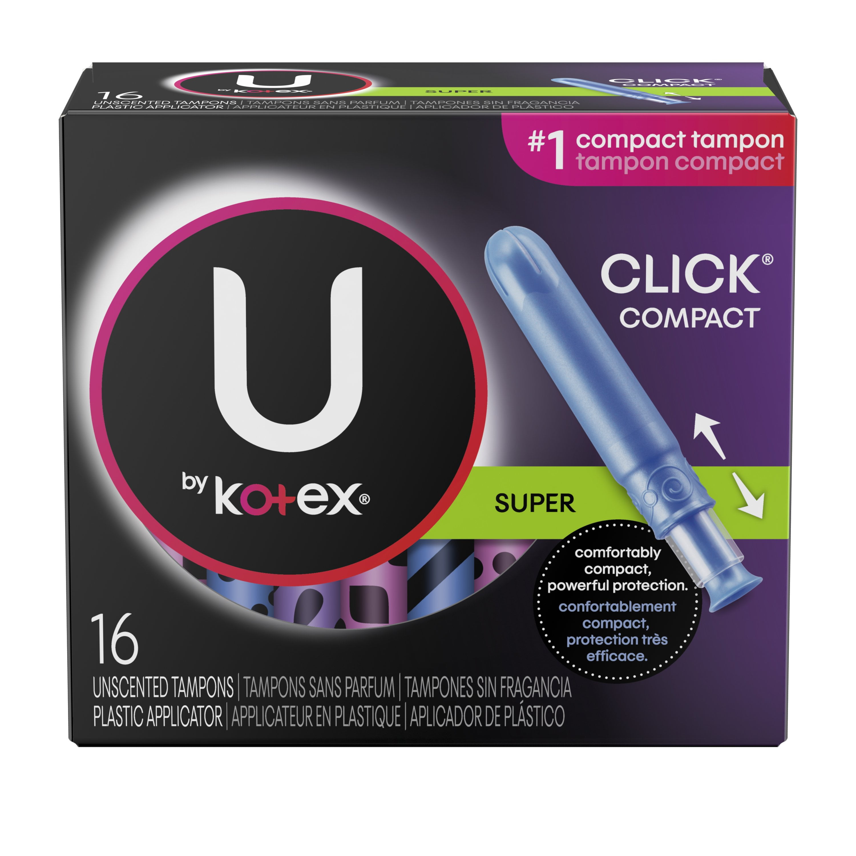 U by Kotex Click Compact Tampons, Super Absorbency, Unscented, 16 Count