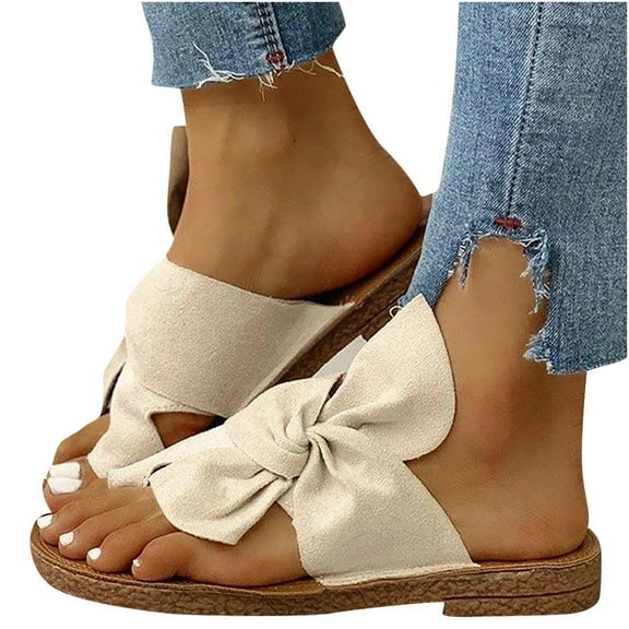 UTTOASFAY Women Open Toe Slide Bow-Knot Shoes Comfy Sandals Slippers Low Heeled Shoes White 5(36)