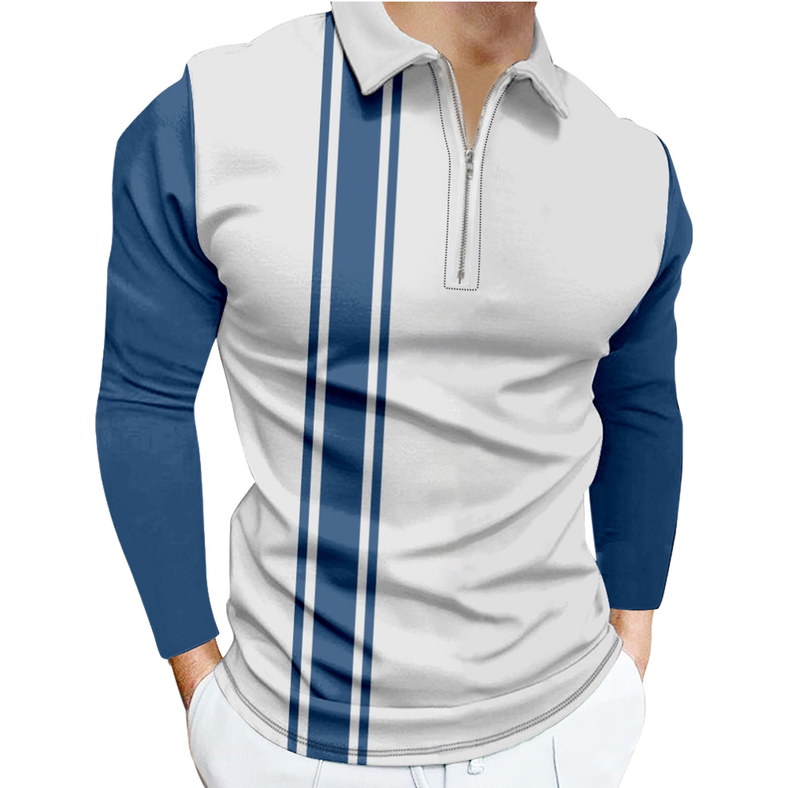ZCFZJW Polo Shirts for Men Casual Summer Long Sleeve Half Zip Up Striped  Collared T-Shirts Slim Fit Quick Dry Athletic Golf Shirts White XXXL