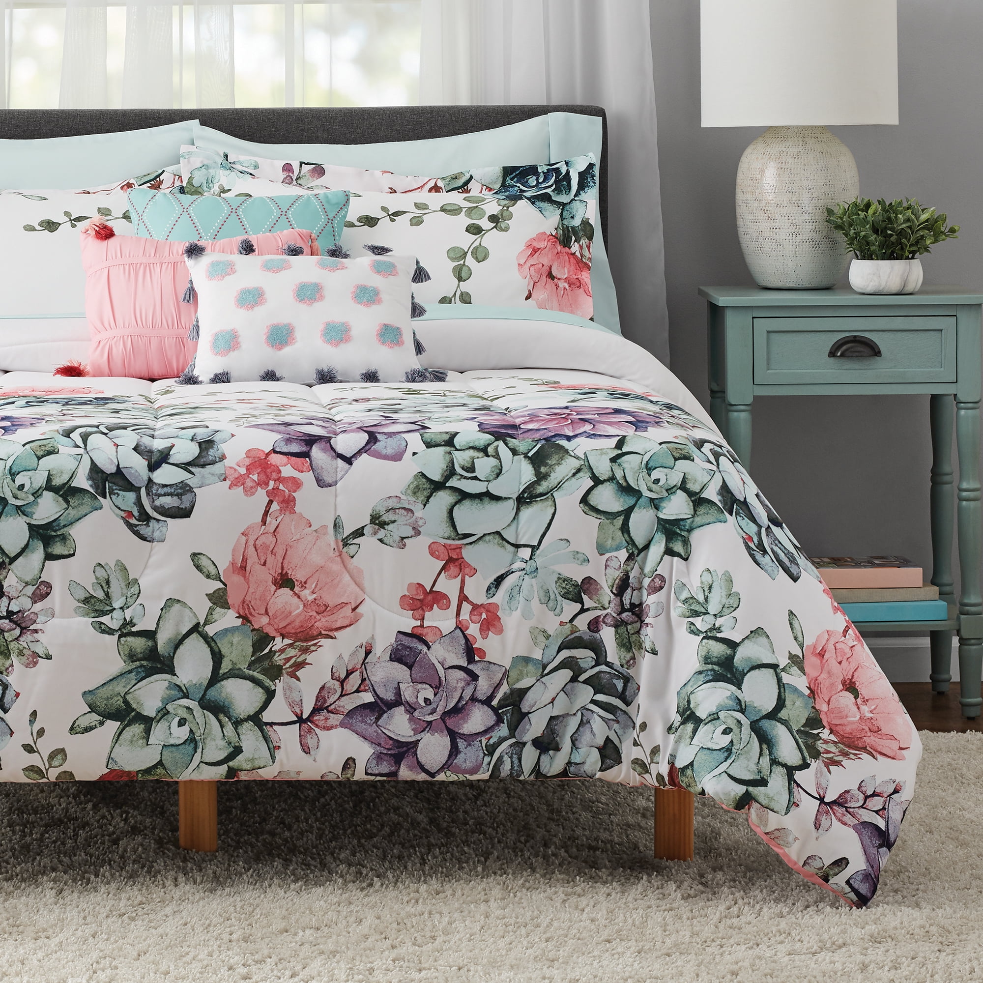 Mainstays White Floral 10 Piece Bed in a Bag Comforter Set with Sheets, Queen