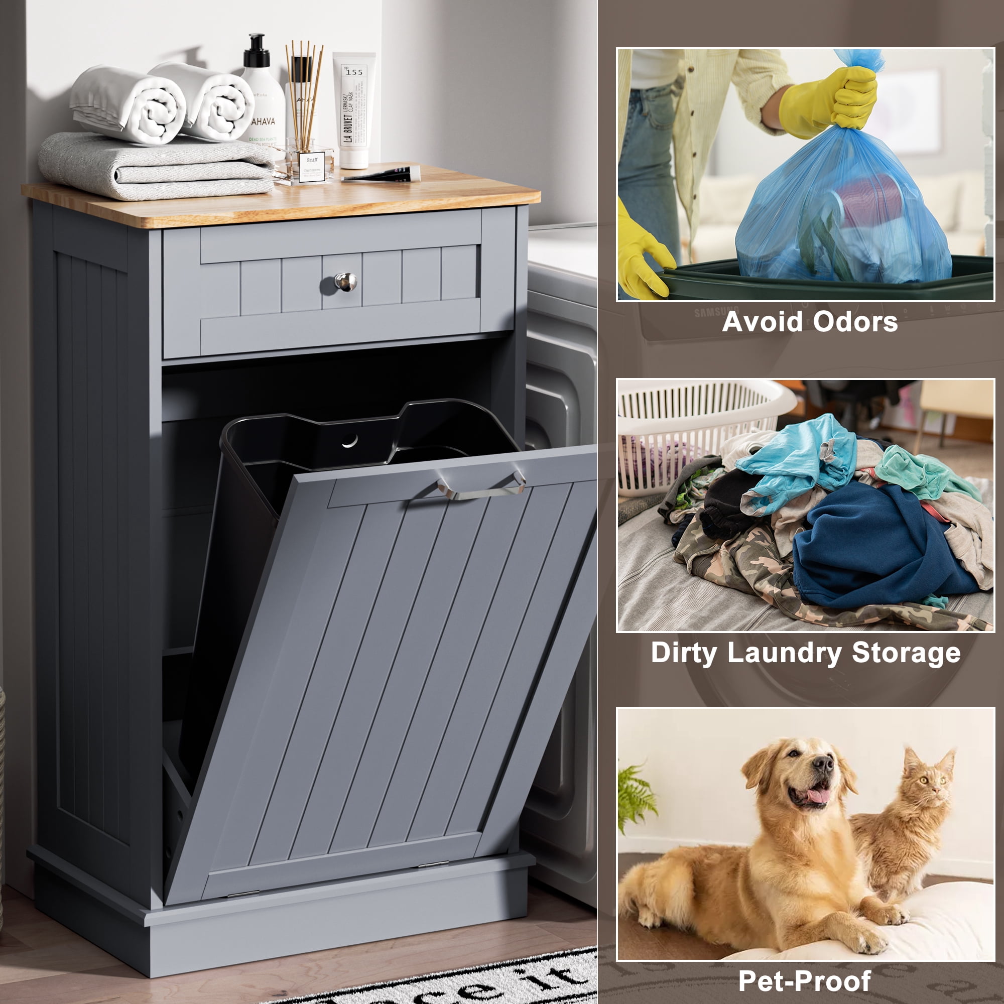 HARIPUL Single Tilt Out Trash Cabinet for 13 Gallon Waste Bin, Free Standing Kitchen Trash Can Cabinet with Drawers, Blue