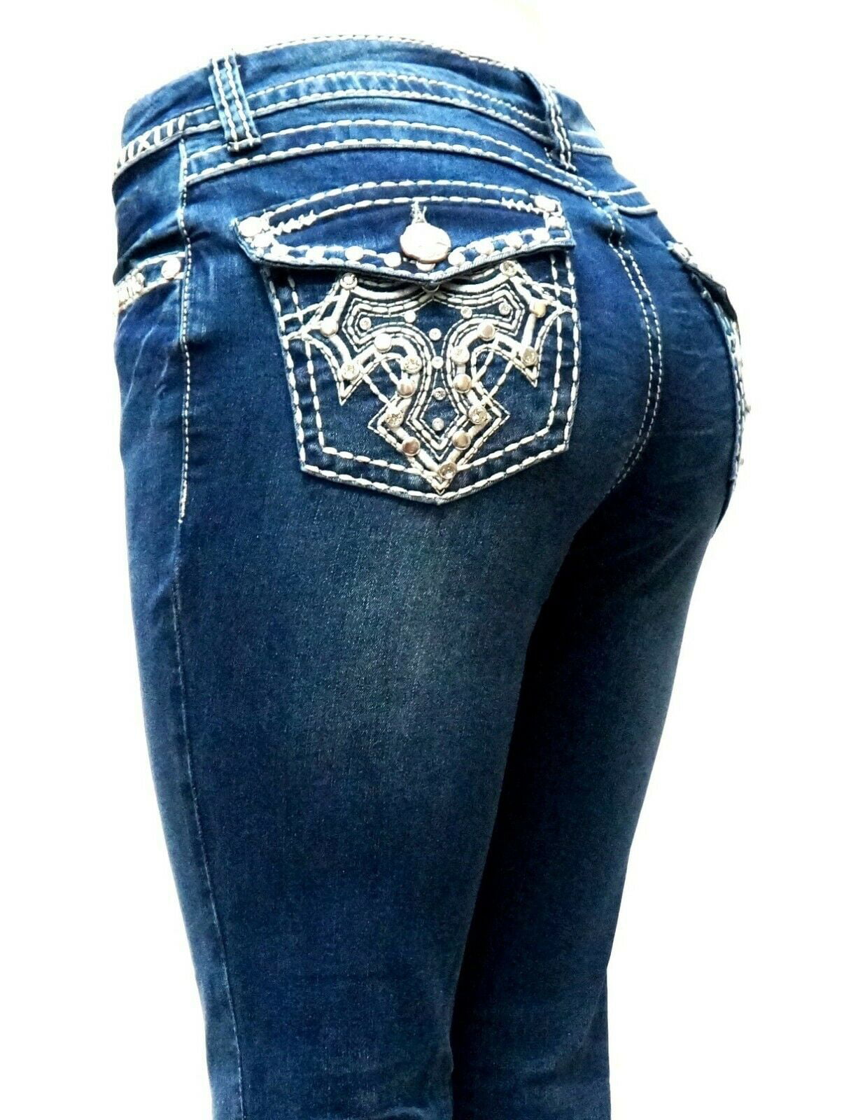 Jack David Rhinestone Studs Dark Wash Denim Flap Pocket Bootcut Jeans